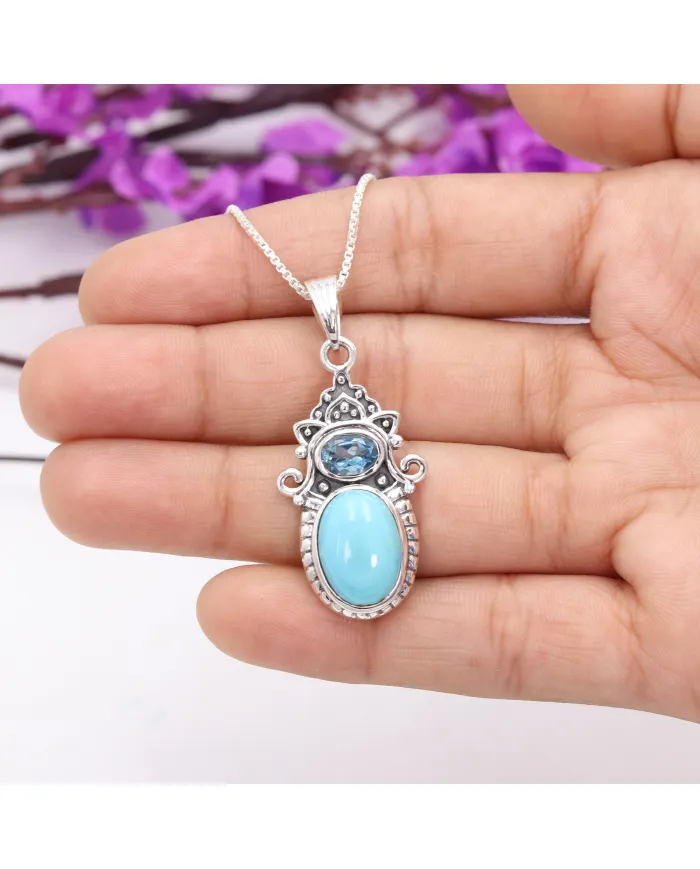 Arizona Turquoise & Swiss Blue Topaz Pendant Necklace - 925 Sterling Silver Jewelry