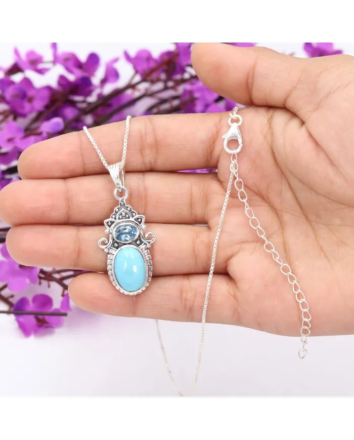 Arizona Turquoise Pendant - Sterling Silver Pendant, Swiss Blue Topaz Pendant, Handmade Pendant, Gemstone Set Pendant for Women