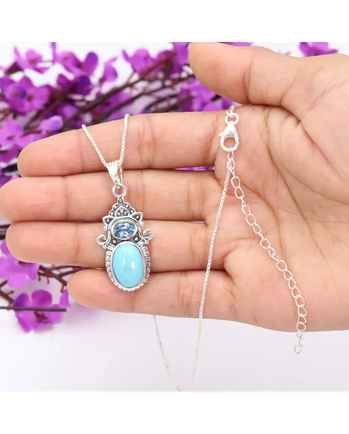 Arizona Turquoise & Swiss Blue Topaz Pendant Necklace - 925 Sterling Silver Jewelry