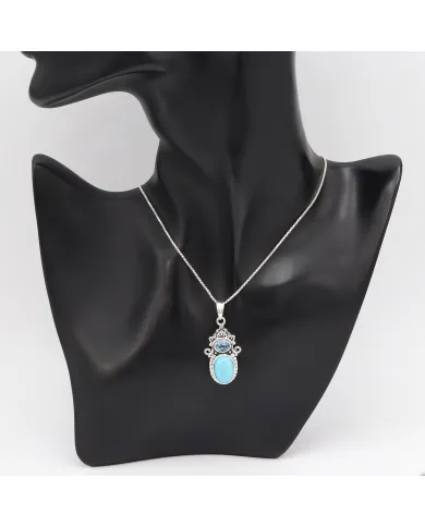 Arizona Turquoise & Swiss Blue Topaz Pendant Necklace - 925 Sterling Silver Jewelry