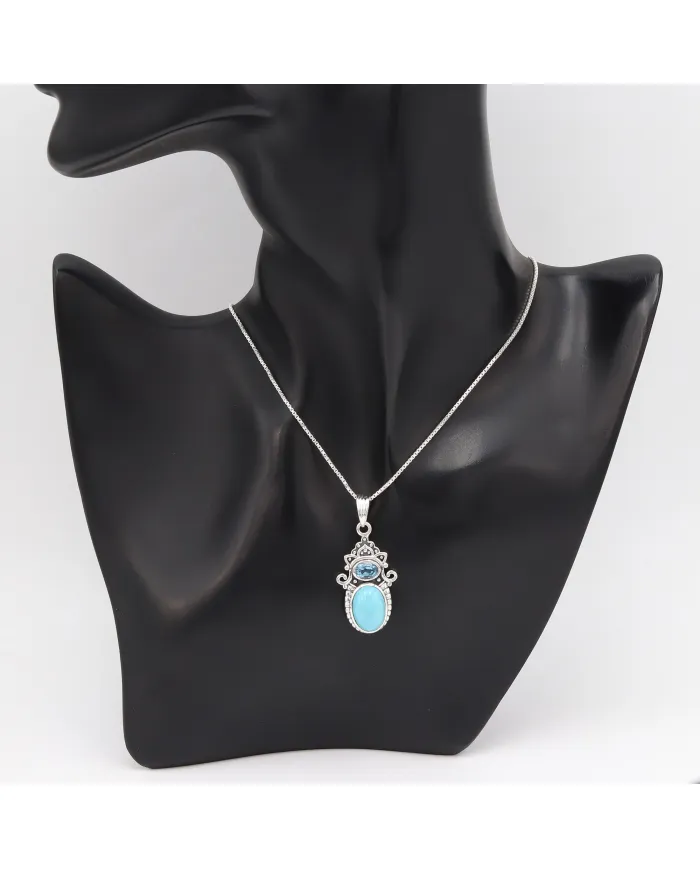 Arizona Turquoise & Swiss Blue Topaz Pendant Necklace - 925 Sterling Silver Jewelry
