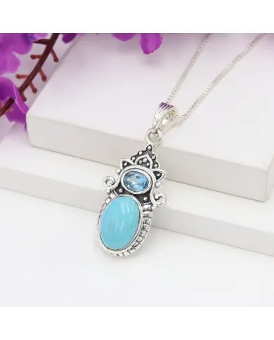 Arizona Turquoise Pendant - Sterling Silver Pendant, Swiss Blue Topaz Pendant, Handmade Pendant, Gemstone Set Pendant for Women