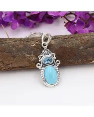 Arizona Turquoise Pendant - Sterling Silver Pendant, Swiss Blue Topaz Pendant, Handmade Pendant, Gemstone Set Pendant for Women
