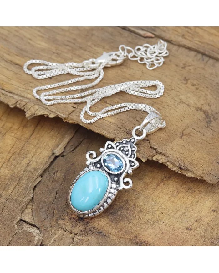 Arizona Turquoise Pendant - Sterling Silver Pendant, Swiss Blue Topaz Pendant, Handmade Pendant, Gemstone Set Pendant for Women