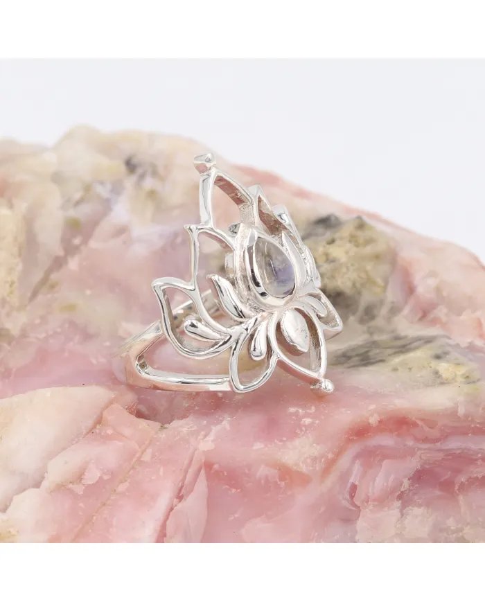 Lotus Moonstone Ring - 925 Sterling Silver Ring Engagement Ring Promise Ring Statement Ring June Birthstone Women's Ring