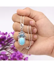 Arizona Turquoise & Swiss Blue Topaz Pendant Necklace - 925 Sterling Silver Jewelry
