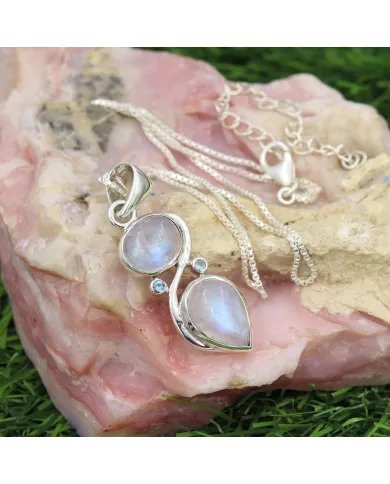 Moonstone Pendant - Sterling Silver Pendant, Swiss Blue Topaz Pendant Handmade Necklace Statement Charm Pendant for Women