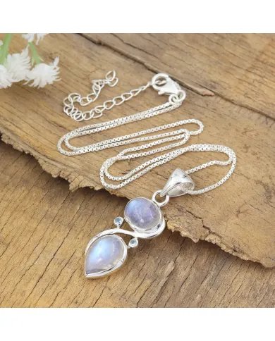 Moonstone Pendant - Sterling Silver Pendant, Swiss Blue Topaz Pendant Handmade Necklace Statement Charm Pendant for Women