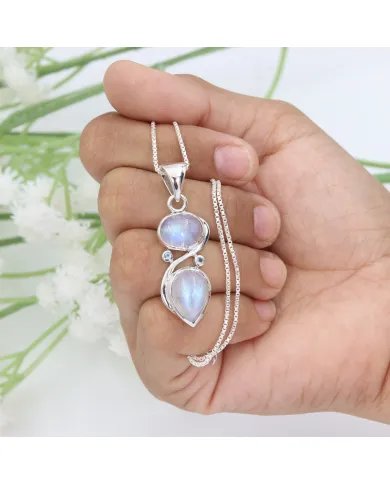 Moonstone Pendant - Sterling Silver Pendant, Swiss Blue Topaz Pendant Handmade Necklace Statement Charm Pendant for Women