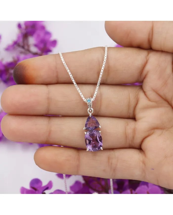 Amethyst & BT Zircon Pendant - 925 Sterling Silver Handmade Jewelry