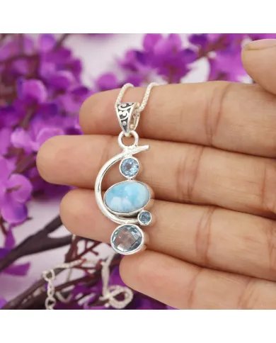 Natural Larimar Pendant - Sterling Silver Necklace Sky Blue Topaz and Swiss Blue Topaz Pendant Ocean Inspire Jewelry