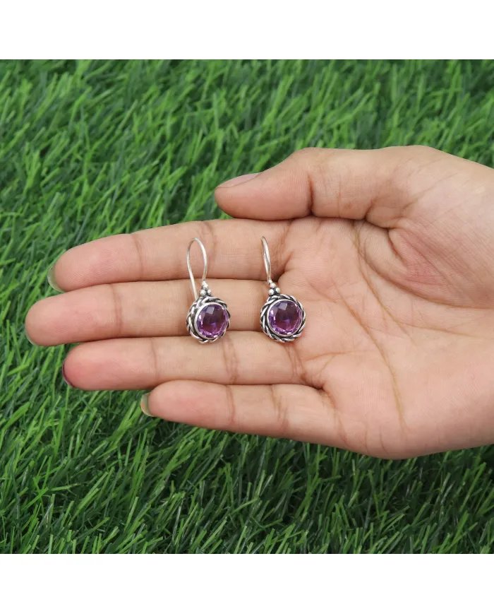 Amethyst Earrings, Sterling Silver Earrings, Round Earrings, Ear Wire Earrings, February Birthstone, Vintage Earrings for Women