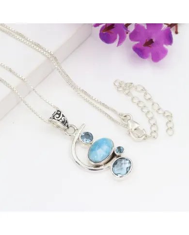 Natural Larimar Pendant - Sterling Silver Necklace Sky Blue Topaz and Swiss Blue Topaz Pendant Ocean Inspire Jewelry