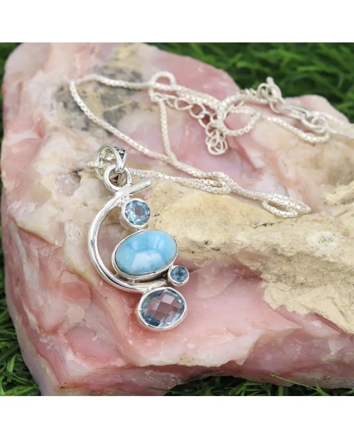 Natural Larimar Pendant - Sterling Silver Necklace Sky Blue Topaz and Swiss Blue Topaz Pendant Ocean Inspire Jewelry