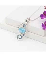 Natural Larimar Pendant - Sterling Silver Necklace Sky Blue Topaz and Swiss Blue Topaz Pendant Ocean Inspire Jewelry