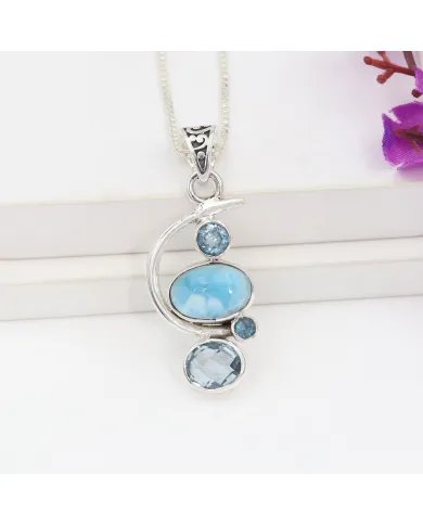 Natural Larimar Pendant - Sterling Silver Necklace Sky Blue Topaz and Swiss Blue Topaz Pendant Ocean Inspire Jewelry