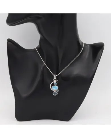 Natural Larimar Pendant - Sterling Silver Necklace Sky Blue Topaz and Swiss Blue Topaz Pendant Ocean Inspire Jewelry
