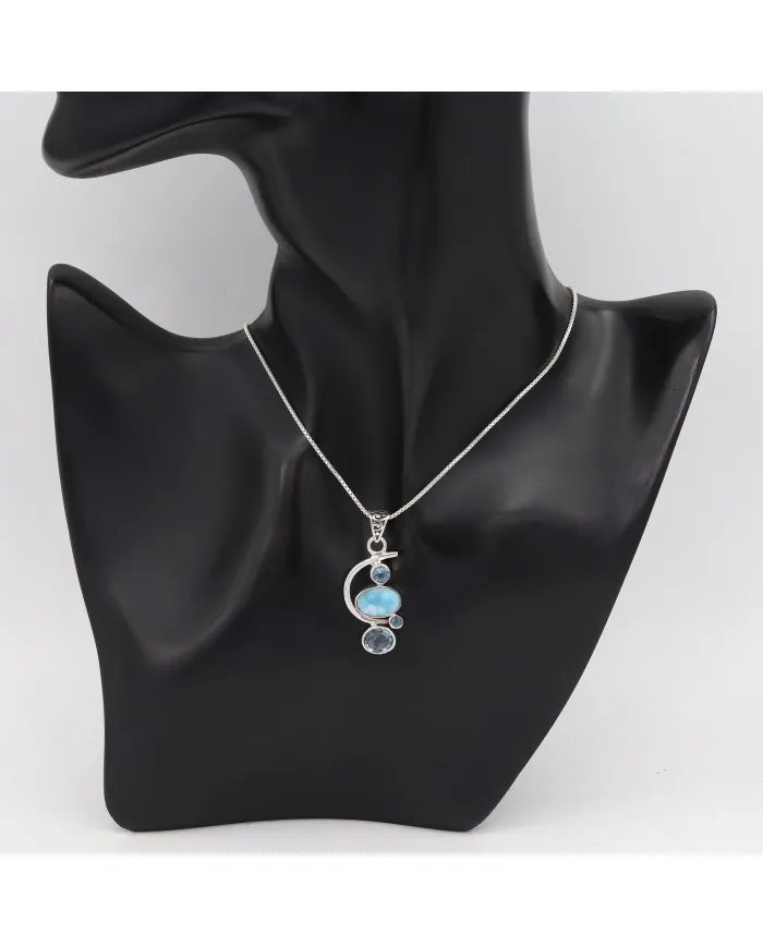 Natural Larimar Pendant - Sterling Silver Necklace Sky Blue Topaz and Swiss Blue Topaz Pendant Ocean Inspire Jewelry