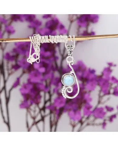 Natural Larimar Stone Pendant – Sterling Silver Ocean Wave Design Necklace