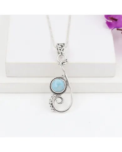 Natural Larimar Stone Pendant – Sterling Silver Ocean Wave Design Necklace