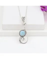 Natural Larimar Stone Pendant – Sterling Silver Ocean Wave Design Necklace