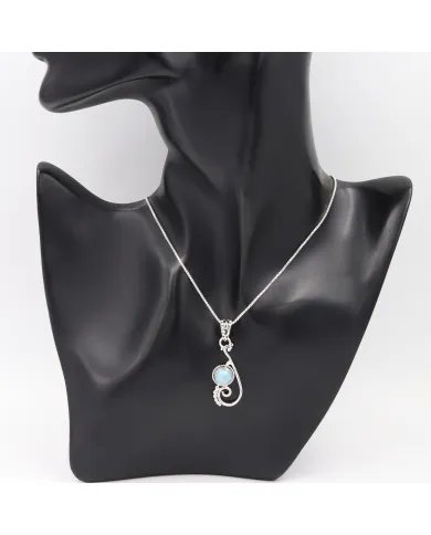 Natural Larimar Stone Pendant – Sterling Silver Ocean Wave Design Necklace