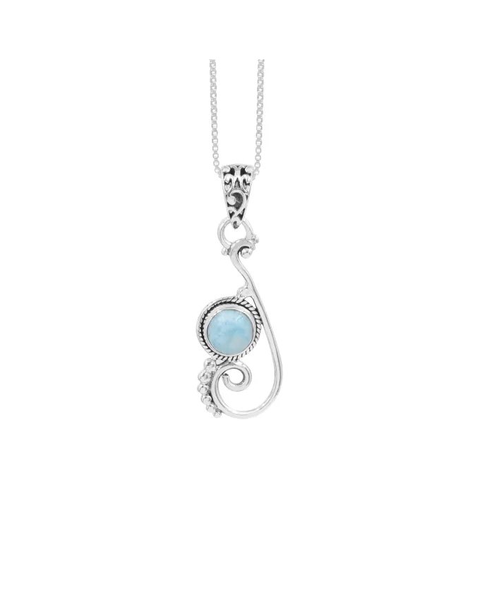 Natural Larimar Stone Pendant – Sterling Silver Ocean Wave Design Necklace