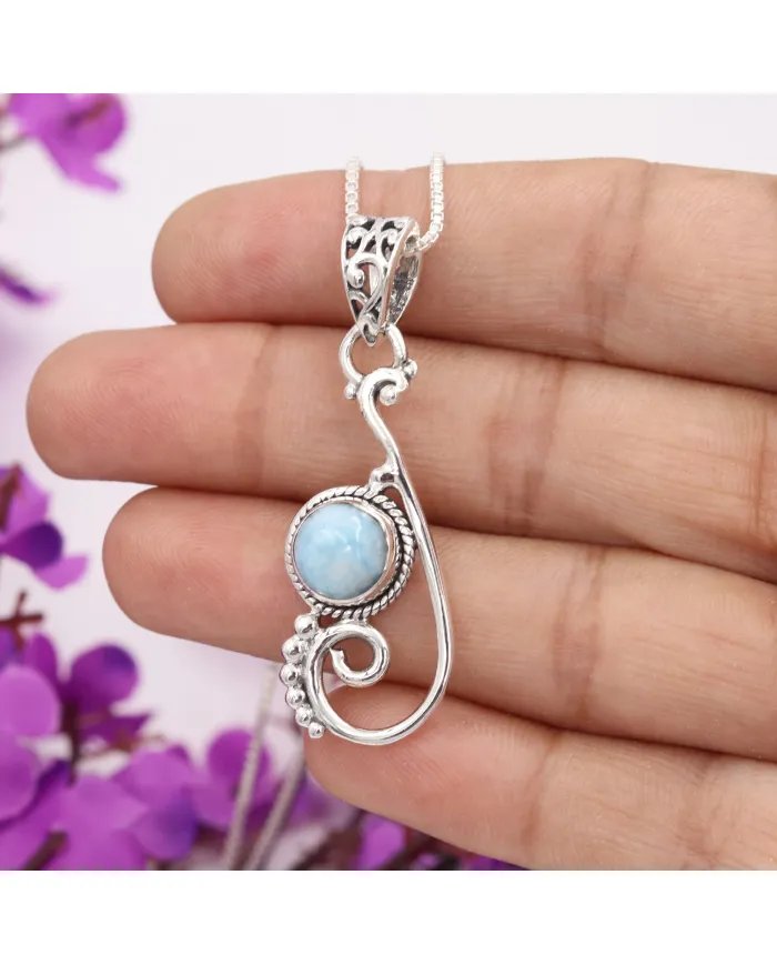 Natural Larimar Stone Pendant – Sterling Silver Ocean Wave Design Necklace