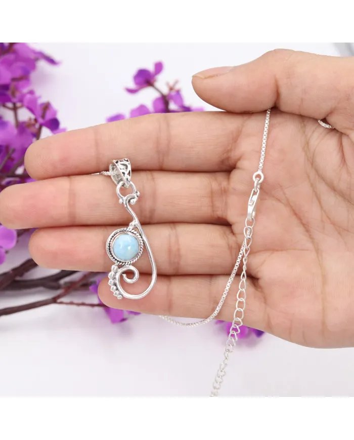 Natural Larimar Stone Pendant – Sterling Silver Ocean Wave Design Necklace