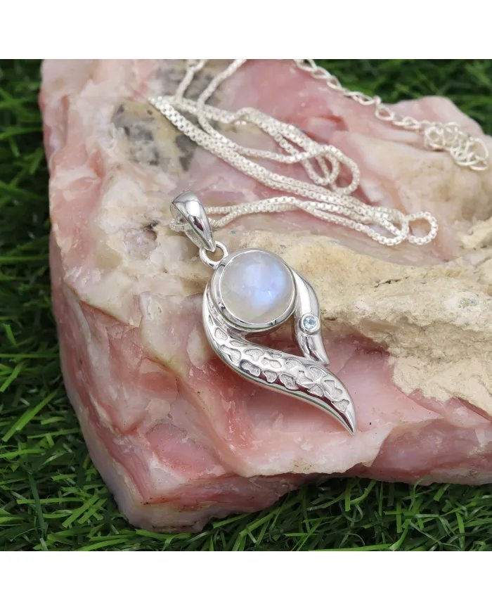 Natural Moonstone Pendant - Sterling Silver Pendant Swiss Blue Topaz Pendant Handcrafted Jewelry June Birthstone Pendant for Her