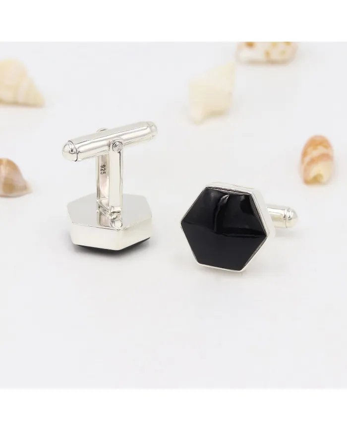 Premium Natural Black Onyx Cufflinks – Timeless Sterling Silver Design