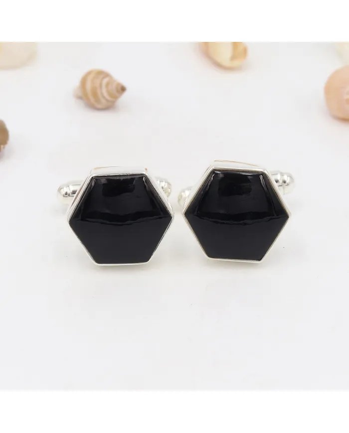 Premium Natural Black Onyx Cufflinks – Timeless Sterling Silver Design