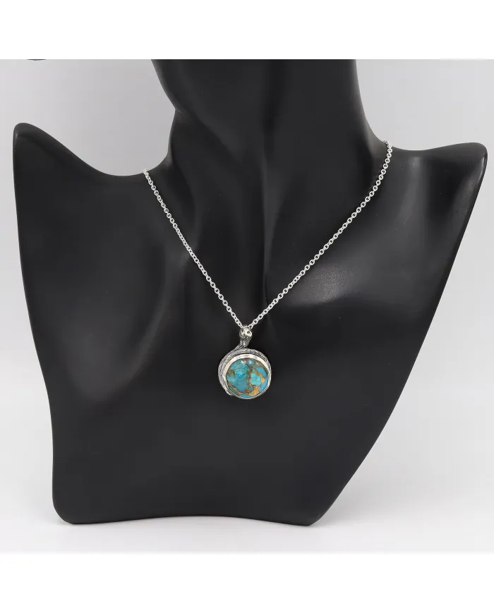 925 Sterling Silver Blue Copper Turquoise Snake Pendant Necklace