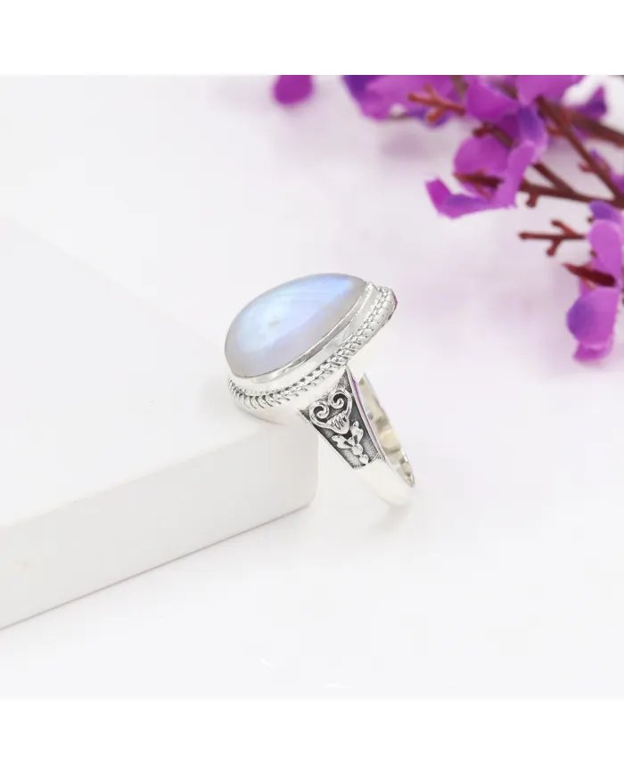 Rainbow Moonstone Ring – 925 Sterling Silver Handmade Boho Jewelry