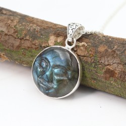 Moon Face Pendant, Silver Pendant, Labradorite Necklaces, Carving Face Pendant, Charm Moon Pendant, Beautiful Pendant for Women