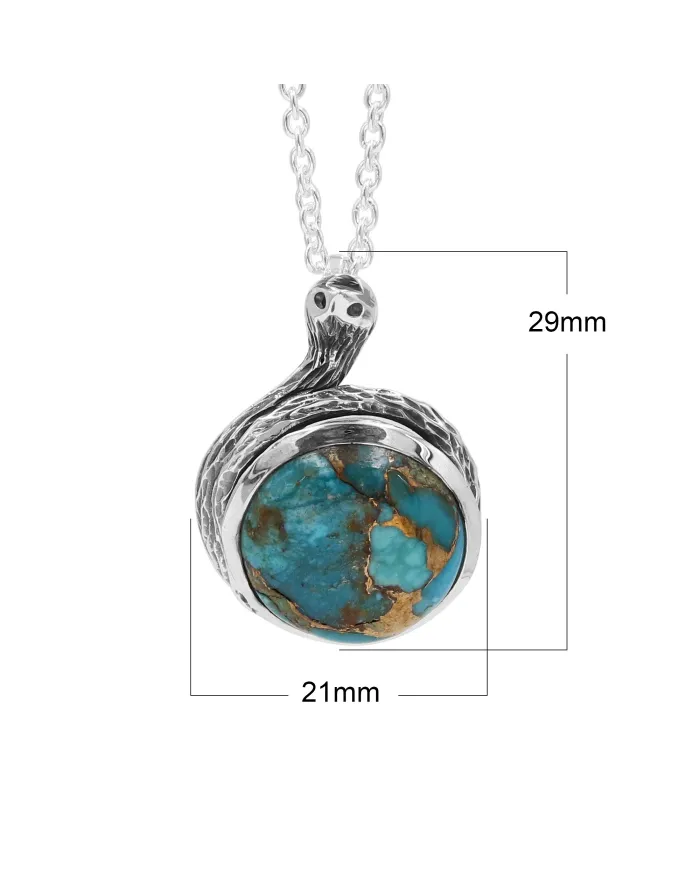 925 Sterling Silver Blue Copper Turquoise Snake Pendant Necklace