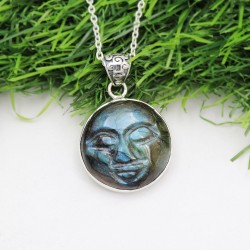 Moon Face Pendant, Silver Pendant, Labradorite Necklaces, Carving Face Pendant, Charm Moon Pendant, Beautiful Pendant for Women