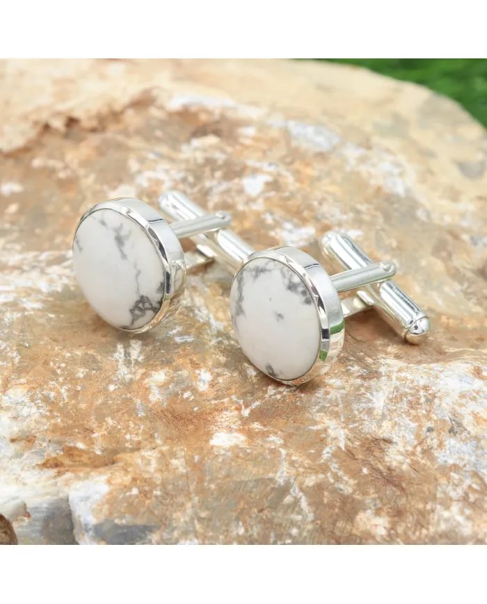 White Howlite Cufflinks – 925 Sterling Silver Handmade Men's Accessories