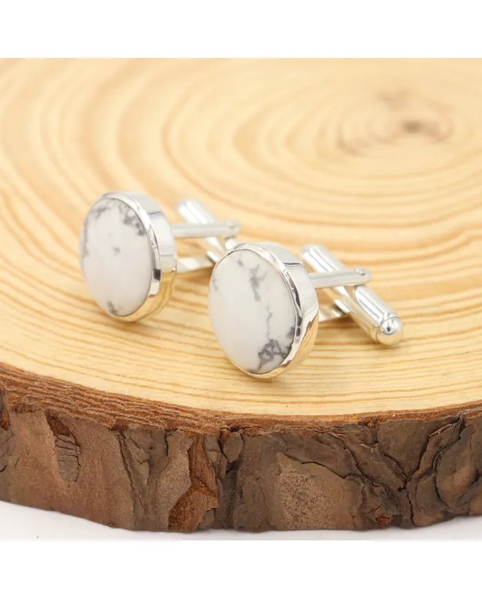 White Howlite Cufflinks – 925 Sterling Silver Handmade Men's Accessories