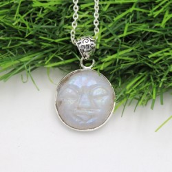 Moon Face Pendant, Sterling Silver Pendant, Moonstone Necklaces, Carving Face Pendant, Charm Moon Pendant, Pendant with Chains