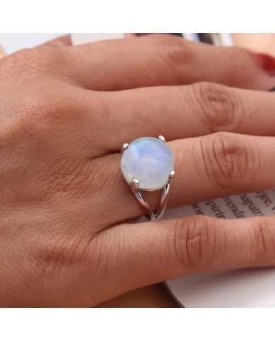 Natural Rainbow Moonstone Ring – Sterling Silver Statement Ring June Birthstone Jewelry for Women