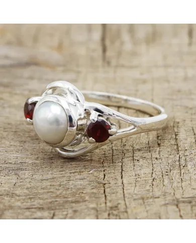 Natural Pearl & Garnet Ring - 925 Sterling Silver Gemstone Jewelry