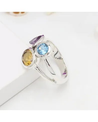 Amethyst Ring With Citrine & Blue Topaz Gemstone Ring - Sterling Silver Ring Handmade Statement Ring Dainty Ring for Women