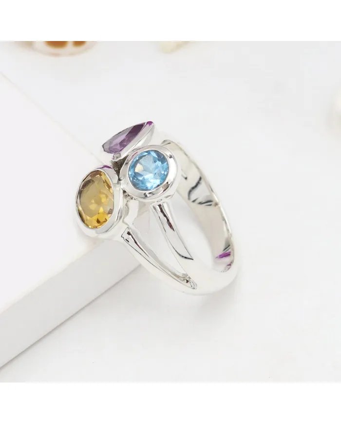 Amethyst Ring With Citrine & Blue Topaz Gemstone Ring - Sterling Silver Ring Handmade Statement Ring Dainty Ring for Women