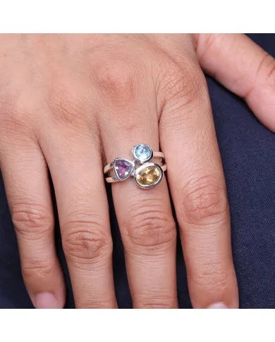 Amethyst Ring With Citrine & Blue Topaz Gemstone Ring - Sterling Silver Ring Handmade Statement Ring Dainty Ring for Women