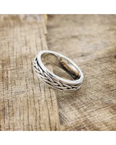 Handcrafted Twisted Wire Spinner Ring in Solid Sterling Silver - Unisex Fidget Thumb Ring Band Ring with Oxide Ring