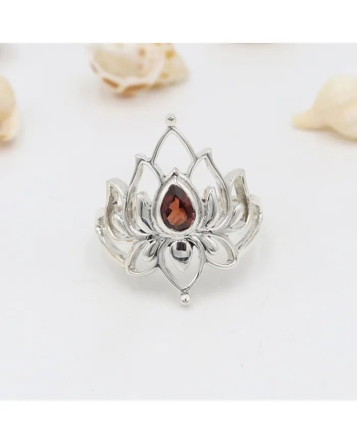 Lotus Garnet Ring - 925 Sterling Silver Ring Engagement Ring Promise Ring Statement Ring January Birthstone Women's Ring