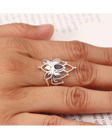 Lotus Iolite Ring - 925 Sterling Silver Ring Engagement Ring Promise Ring Statement Ring Healing Crystal Ring Women's Ring