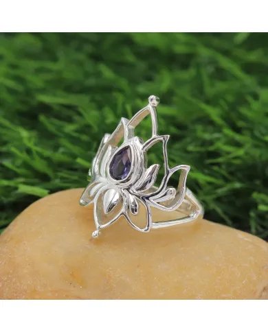 Lotus Iolite Ring - 925 Sterling Silver Ring Engagement Ring Promise Ring Statement Ring Healing Crystal Ring Women's Ring