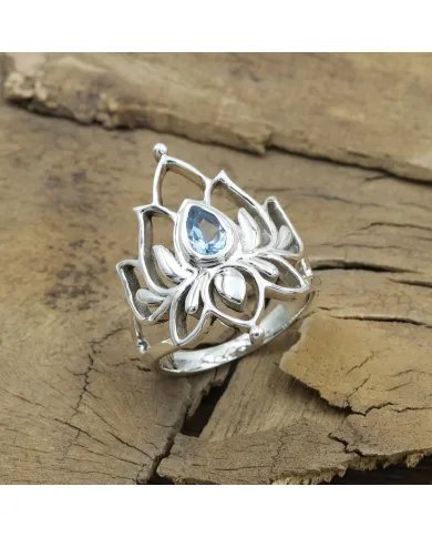Lotus Blue Topaz Ring - 925 Sterling Silver Ring Engagement Ring Promise Ring Statement Ring December Birthstone Women's Ring